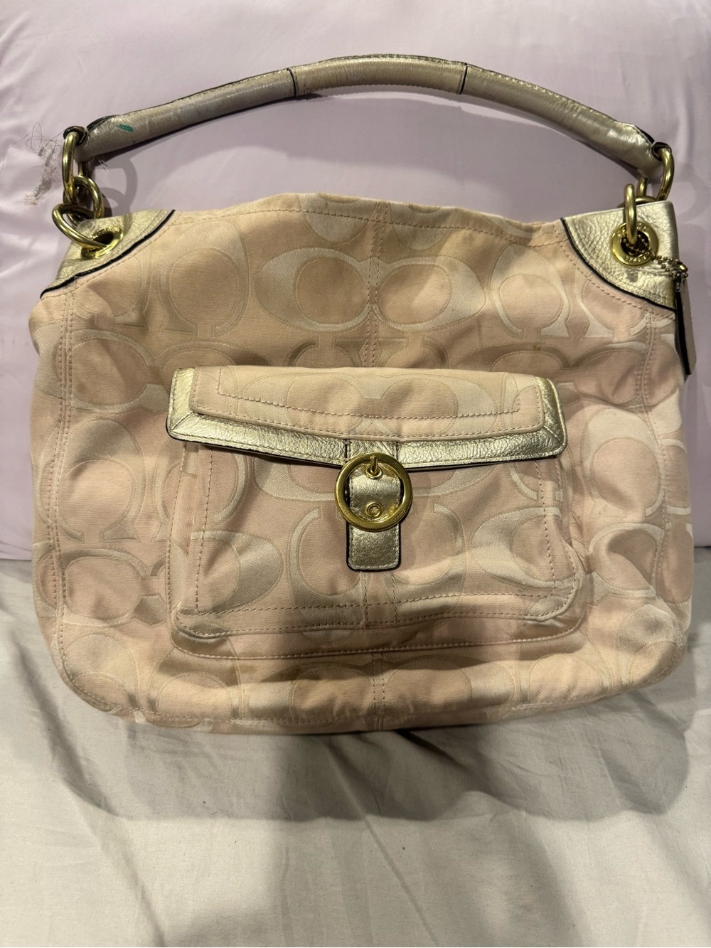 Coach Pink Signature Hobo Shoulder Bag with Gold Hardware